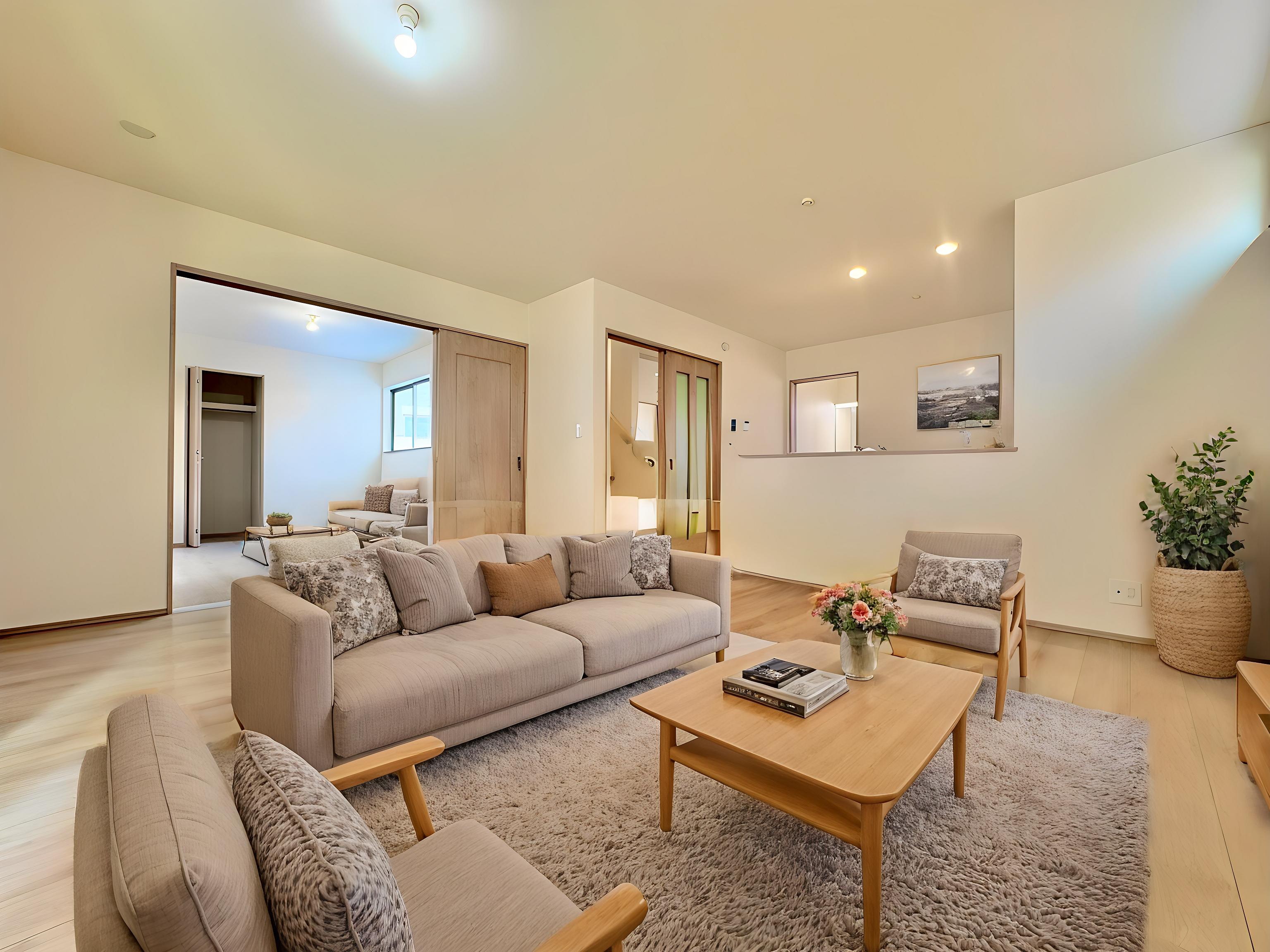 リビングと続き間洋室のある人気の間取り。※現況物件写真にCG画像処理済み