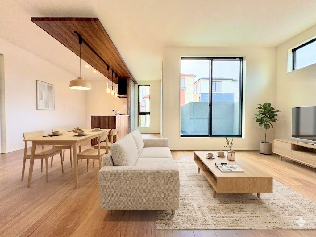 LDK広々19帖。バルコニーに面した開放感のある空間。※現況の物件写真に、ＣＧによる画像処理がされています。