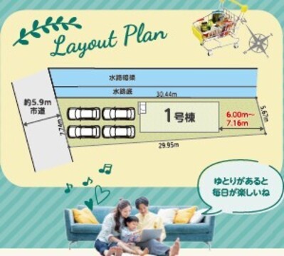 区割り図。<br>駐車場は車種により４台可能。<br>道路も広く、お庭も十分。<br>南側も現在畑ですので日当たりも良好です。