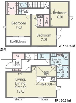 ２号棟間取り図。<br>ＬＤＫ１８帖と広々しています。<br>シューズクローク等収納充実です。のスライド画像