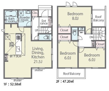 ３号棟間取り図。<br>ＬＤＫは２１．５帖と広々しています。<br>２階はバルコニー２箇所設計♪のスライド画像