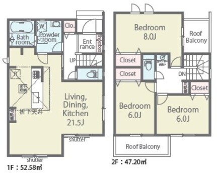 ３号棟間取り図。<br>ＬＤＫは２１．５帖と広々しています。<br>２階はバルコニー２箇所設計♪