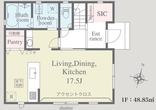 １号棟　１階間取り図　リビング17帖以上　広々のスライド画像