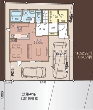 1号棟　区画図面・1階間取り図面　駐車スペース２台あり（車種による）