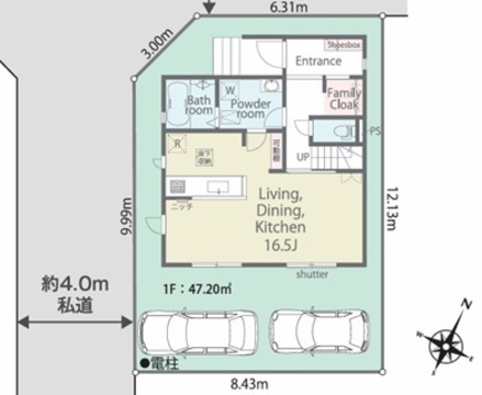 1号棟　区画図面・１階間取り図面　駐車スペース２台あり