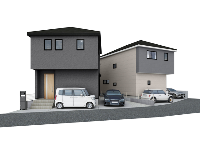 １・２号棟　連棟外観パース<br>快適な住まいほど日増しに思い入れが生まれてくるのスライド画像
