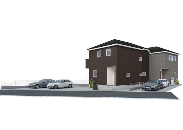 １．２号棟　連棟外観パース<br>ここに住むために一生懸命頑張ろうと思えてくる家に住みたいのスライド画像