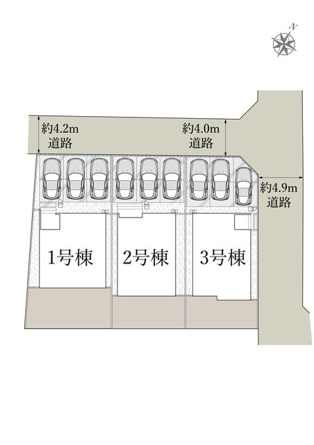 北側約4.0m～4.2m、東側約4.9mの道路に面する全3区画。敷地内にカースペースを配置しています。※駐車可能台数は区画・車種によります。図面と現況が異なる場合は現況優先。のスライド画像