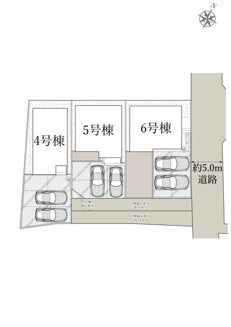 東側前面道路は幅員約5.0m。4・5・6号棟の各区画にカースペース2台分を配置しています。4号棟・5号棟の進入路には協定部分（4号棟:40.52㎡、5号棟:38.11㎡等）を設けた区画割です。のスライド画像