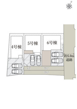 東側前面道路は幅員約5.0m。4・5・6号棟の各区画にカースペース2台分を配置しています。4号棟・5号棟の進入路には協定部分（4号棟:40.52㎡、5号棟:38.11㎡等）を設けた区画割です。