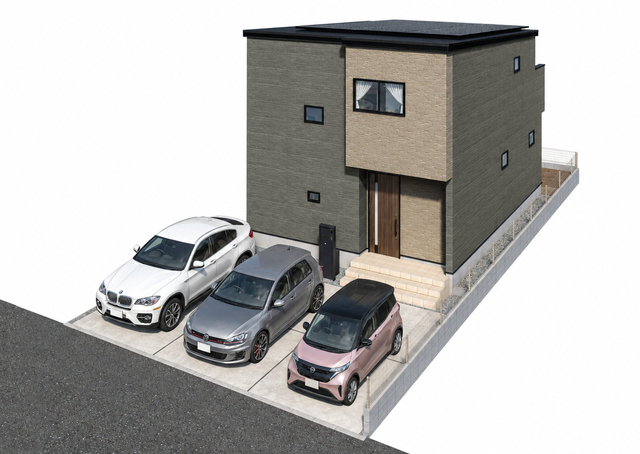 2号棟：木目調とグレーのツートーンが映えるモダンな外観。前面には並列駐車可能なカースペースを配置。※掲載パースは完成予想図です。車両は価格に含まれません。駐車可能台数は車種によります。のスライド画像