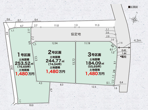 全体区画図 【販売中物件：1区画、2区画、3区画】