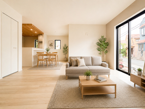 大きな窓で採光を重視したリビング。陽光が降り注ぐ空間です。(室内のイメージをお伝えするため、CGにより家具を合成しています。現況は空室です。)