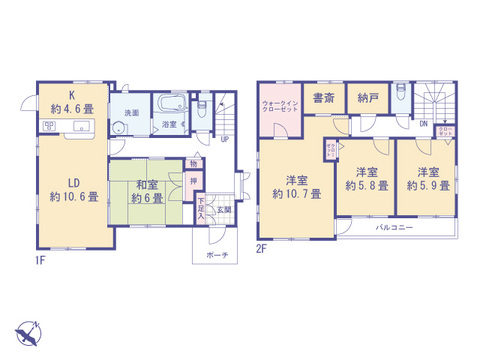 こちらの間取り図で、お部屋の配置や動線をイメージしていただけます。お部屋ごとの広さやレイアウトを参考に、生活のシーンを思い描いてみてください。