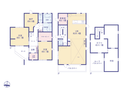 こちらの間取り図で、お部屋の配置や動線をイメージしていただけます。お部屋ごとの広さやレイアウトを参考に、生活のシーンを思い描いてみてください。