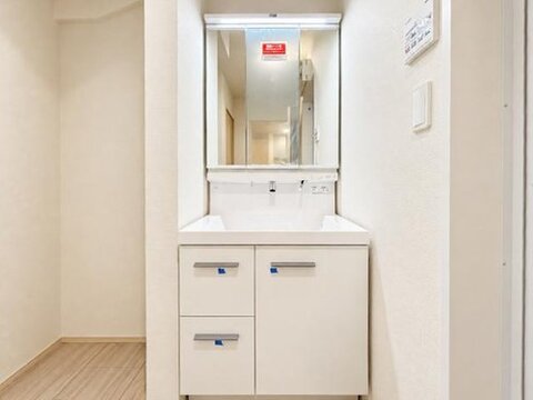 広々とした作業スペースの洗面化粧台は、複数人での使用もしやすい設計です。収納力が充実しており、洗面用具をすっきり整頓できる使いやすい環境が整っています。