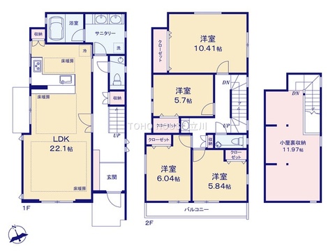 こちらの間取り図で、お部屋の配置や動線をイメージしていただけます。お部屋ごとの広さやレイアウトを参考に、生活のシーンを思い描いてみてください。