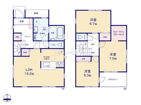 広々としたLDKを中心に、2階には3室の居室を備えた使いやすい3LDKです。W.I.Cを含む豊富な収納や各階のトイレなど生活動線に優れ、駐車スペースも確保された機能的な間取りです。