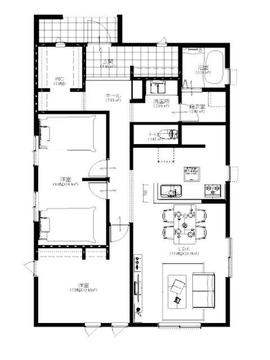 建物プラン例「平屋」建物価格1900万円、建物面積82、81平米約188平米(約57坪)のゆとりある敷地を活かした、プランをご提案いたします。