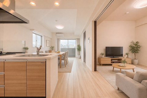 家族が自然と集まる広々としたリビング。大きな窓から陽の光が降り注ぎ、開放感と温もりが広がる空間です。(室内のイメージをお伝えするため、CGにより家具を合成しています。現況は空室です。)