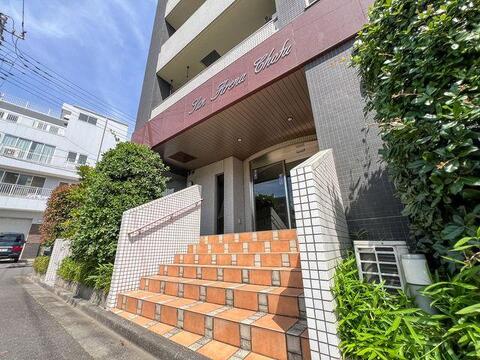 暖色系のタイルが優しく迎えてくれるアプローチ。緑豊かな植栽が彩りを添えています。