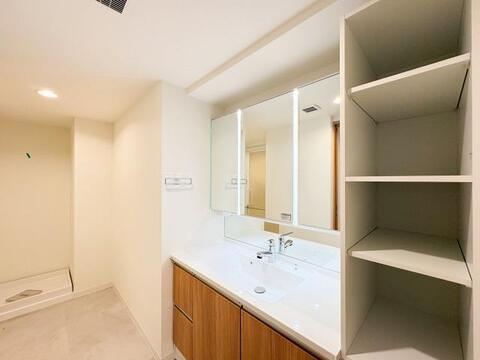 広々とした作業スペースの洗面化粧台は、複数人での使用もしやすい設計です。収納力が充実しており、洗面用具をすっきり整頓できる使いやすい環境が整っています。