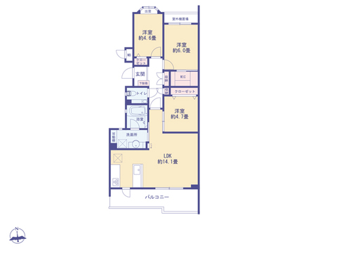こちらの間取り図で、お部屋の配置や動線をイメージしていただけます。お部屋ごとの広さやレイアウトを参考に、生活のシーンを思い描いてみてください。