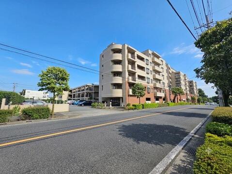 敷地前にはゆとりある道路が広がり、開放感のある街並みが魅力です。植栽が美しく整えられた総戸数75戸のマンションで、落ち着いた住環境と管理の良さを感じられます。現地でぜひ周辺環境もご確認ください。