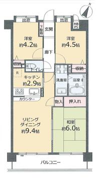 家族の成長に合わせた2LDK+和室の間取り図。約9.4帖LDKは明るい陽光が差し込み、家族の会話が弾む空間です。収納も充実し、快適な毎日をサポートします。