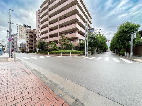 緑豊かな街路樹と整った街並みが広がる角地立地。前面道路は歩道も広く開放感に恵まれています。