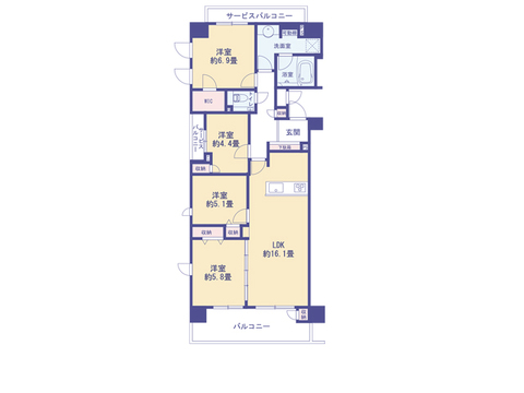 こちらの間取り図で、お部屋の配置や動線をイメージしていただけます。お部屋ごとの広さやレイアウトを参考に、生活のシーンを思い描いてみてください。