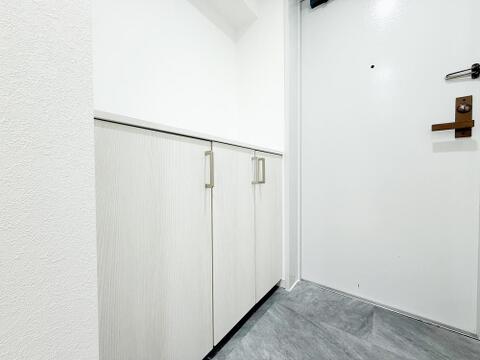 清潔感が保たれた玄関スペース。収納が備わっており使い勝手が良く、中古物件でも快適にお使いいただける状態が整っています。