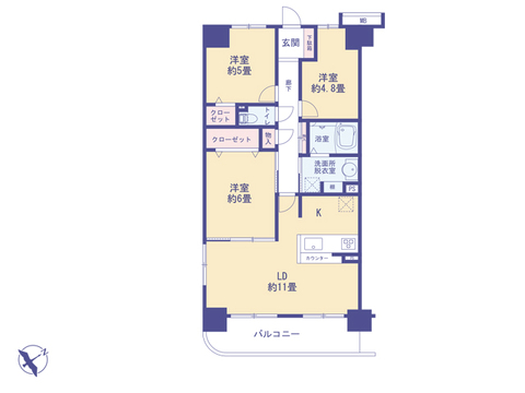 こちらの間取り図で、お部屋の配置や動線をイメージしていただけます。お部屋ごとの広さやレイアウトを参考に、生活のシーンを思い描いてみてください。