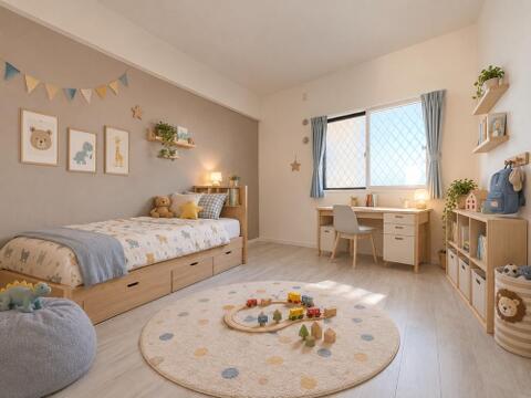 日差しがたっぷりと降り注ぐ明るい子供部屋は、お子さまが元気に遊べるのびのびとした空間です。(本写真は実際の空室にCGで家具を配置したイメージ画像です)