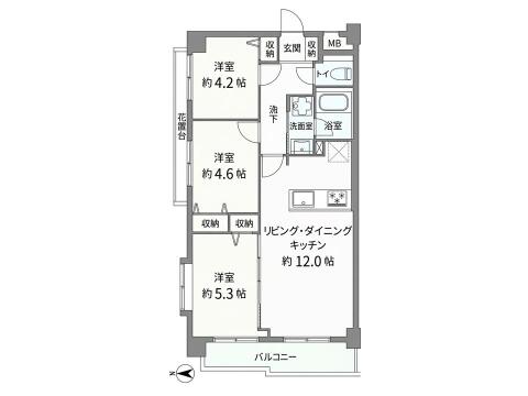 広々としたLDKを中心に、全居室に収納を備えた使い勝手の良い3LDKです。LDKに隣接する洋室は引き戸を開放することで一体的な大空間としても利用でき、ライフスタイルに合わせたレイアウトが可能です。