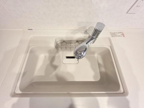 浄水器を内蔵したシャワー水栓は、飲み水や料理に使う水を手元で切り替えられます。シンクにはスポンジなどを置けるラックがあり、洗い物の道具をまとめて収納できます。角に丸みがあり、お手入れしやすい形状です。
