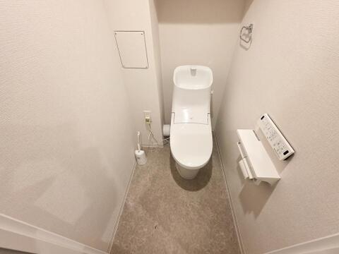 温水洗浄便座付きのトイレは、壁面のリモコンで操作できます。タンク上部に手洗い器を備え、使用後にその場で手を洗えます。ペーパーホルダーは2連タイプで、上の棚には小物などを一時的に置けます。