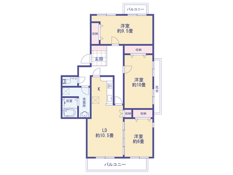 こちらの間取り図で、お部屋の配置や動線をイメージしていただけます。お部屋ごとの広さやレイアウトを参考に、生活のシーンを思い描いてみてください。