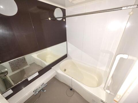浴室には横長の鏡と小物を置けるカウンターを備え、シャンプーなどを手元に並べられます。浴槽の脇には立ち座りを支える手すりがあり、入浴時の動作に配慮した設備が、ご家族の毎日のバスタイムを支えます。
