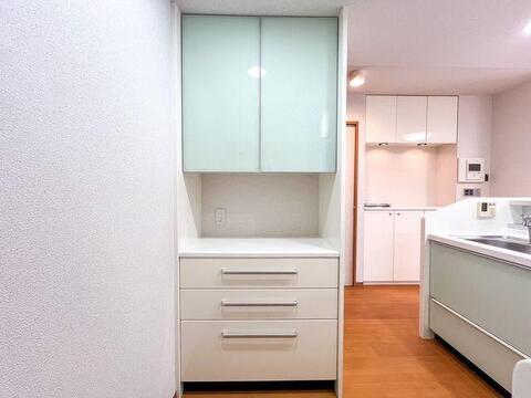 背面には家電や食器を整理できる収納棚を設置。統一感のある設計です。