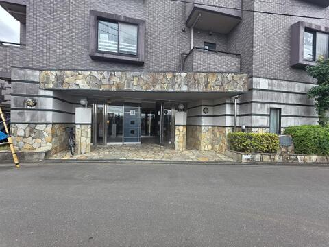 エントランスは道路から奥まった位置にあり、庇が入口から共用玄関までのアプローチを覆っています。床や壁の一部には石張りを施し、入口の両脇には照明を配置しています。建物名のプレートに植栽を添えています。