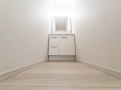 身だしなみのチェックがしやすい大きな鏡、下には収納がたっぷり。スッキリとした空間を演出いたします。