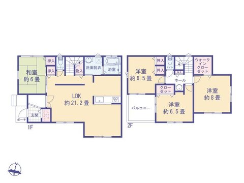 1階には開放感あふれる21.2畳のLDKと、客間やお子様の遊び場に最適な和室を配置。2階は全居室6.5畳以上のゆとりある広さを確保し、プライベートな時間も過ごせる、家族みんなが主役になれる住まいです。