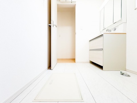 白を基調とした、明るくクリーンな洗面脱衣室。三面鏡タイプの洗面化粧台は、鏡裏に小物をすっきり収納できるため、常に整然とした空間を保てます。毎朝の身支度がスムーズに、気持ちよく行える設計です。