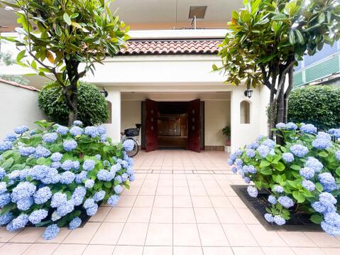 鮮やかな紫陽花と美しい植栽の緑に彩られた、南欧風の瓦屋根が印象的なエントランスアプローチ。優雅に開かれた風格ある扉と、綺麗に敷き詰められたタイルが、住まう方やゲストを心地よく出迎えます。