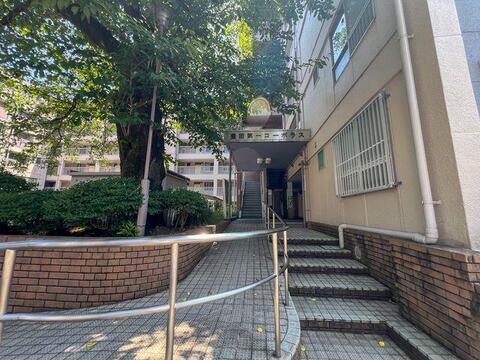 優しいレンガ調の階段横には、ゆったりとしたスロープが設置されています。