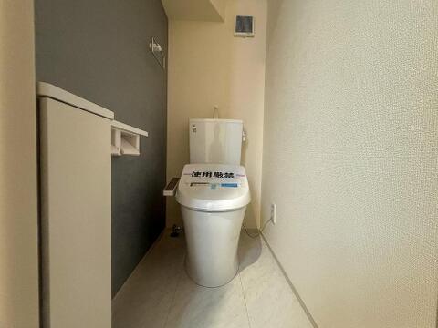 清潔感あふれるモダンなトイレ空間は、収納も完備しており、家族みんなが快適に利用できます。毎日を気持ちよくスタートできますね。