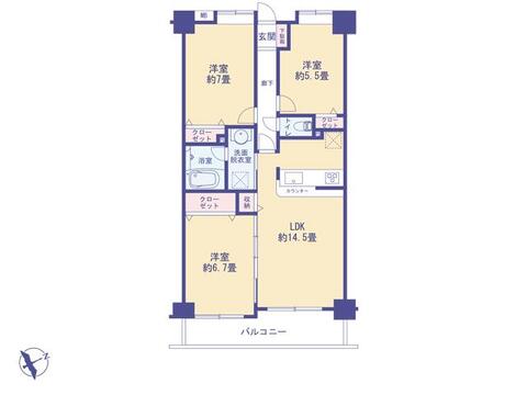 8月リフォーム完成で全居室にクローゼットを備えた機能的な3LDKプラン。料理中も会話が弾む対面式のカウンターキッチンを採用。廊下や洗面室まわりの動線もスムーズな、暮らしやすい間取りです。