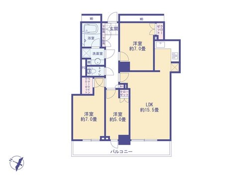 約15.5帖の広々LDKと全居室5帖以上を確保。収納豊富なウォークインクローゼット付。