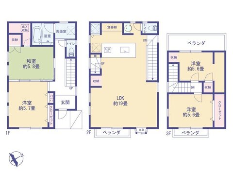 広々19帖LDKで家族団らんのひとときを。和室と洋室が計4部屋ある3階建ての間取りは、お子様の成長やライフスタイルに合わせてフレキシブルに活用可能。各階に収納も充実しています。